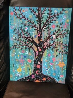 Whimsical Tree Canvas Wall Art in Teal, Black & Pink